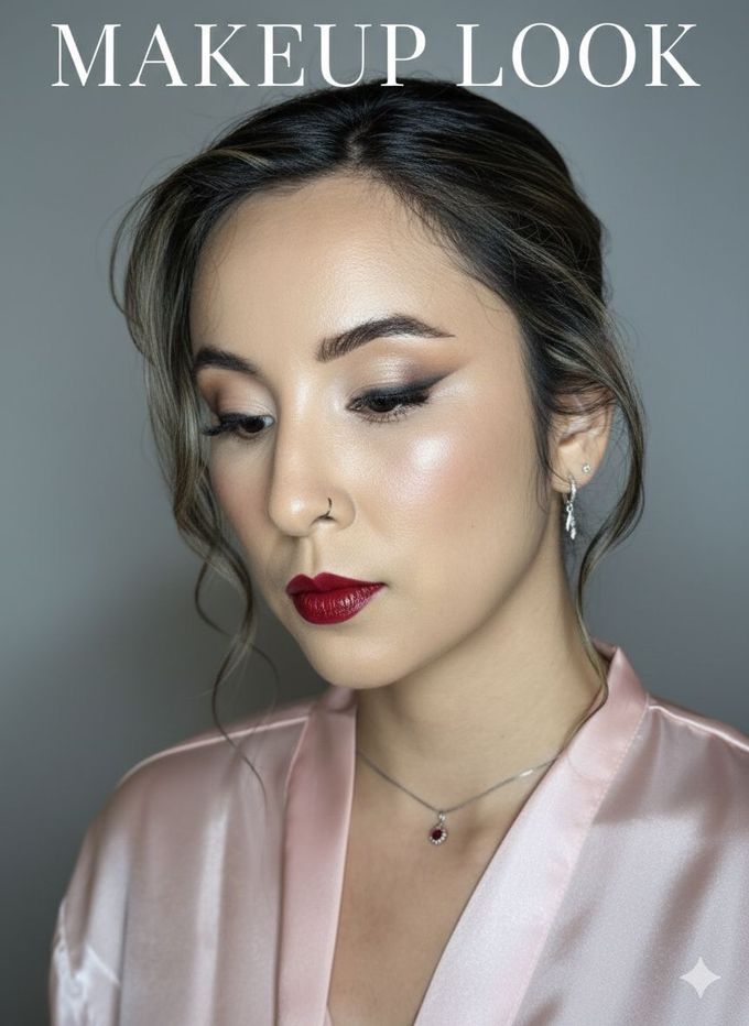 Novia con joyas de oro y lápiz labial rojo, abrazándose, primer plano.