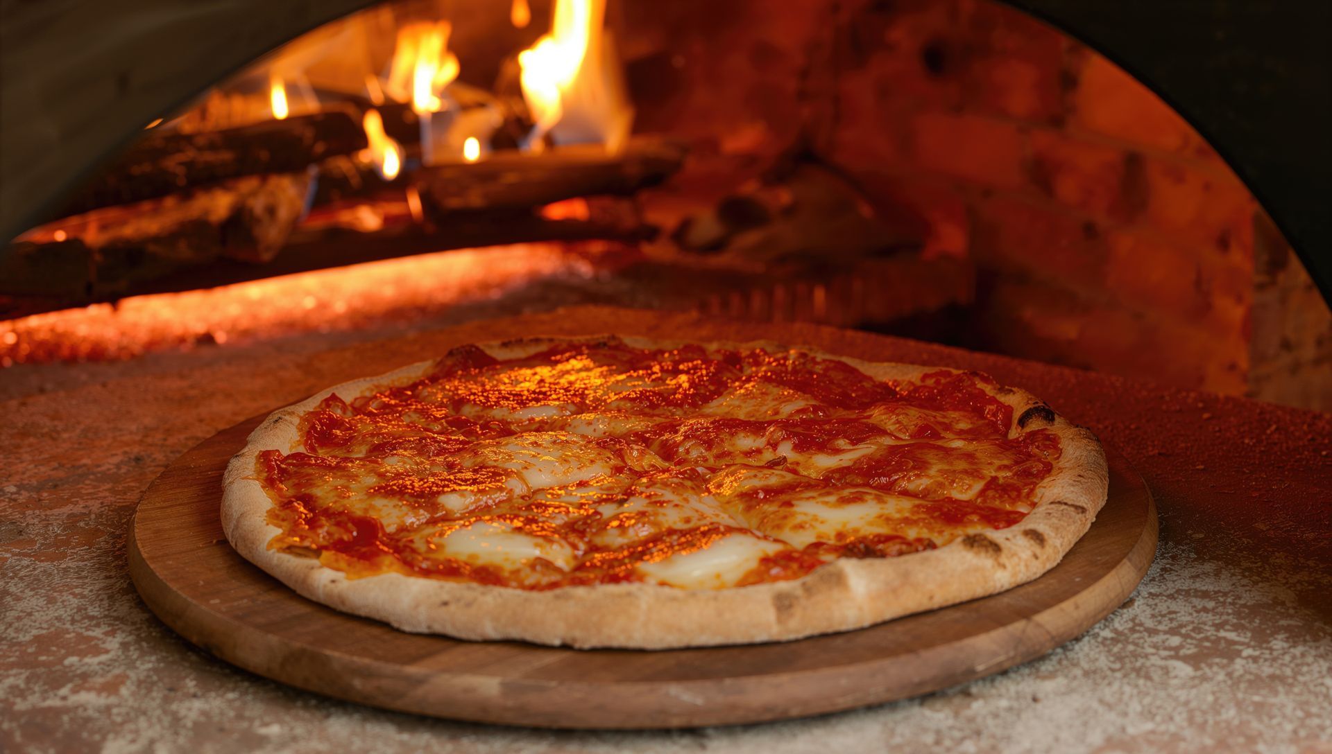 Une pizza devant un feu de bois.