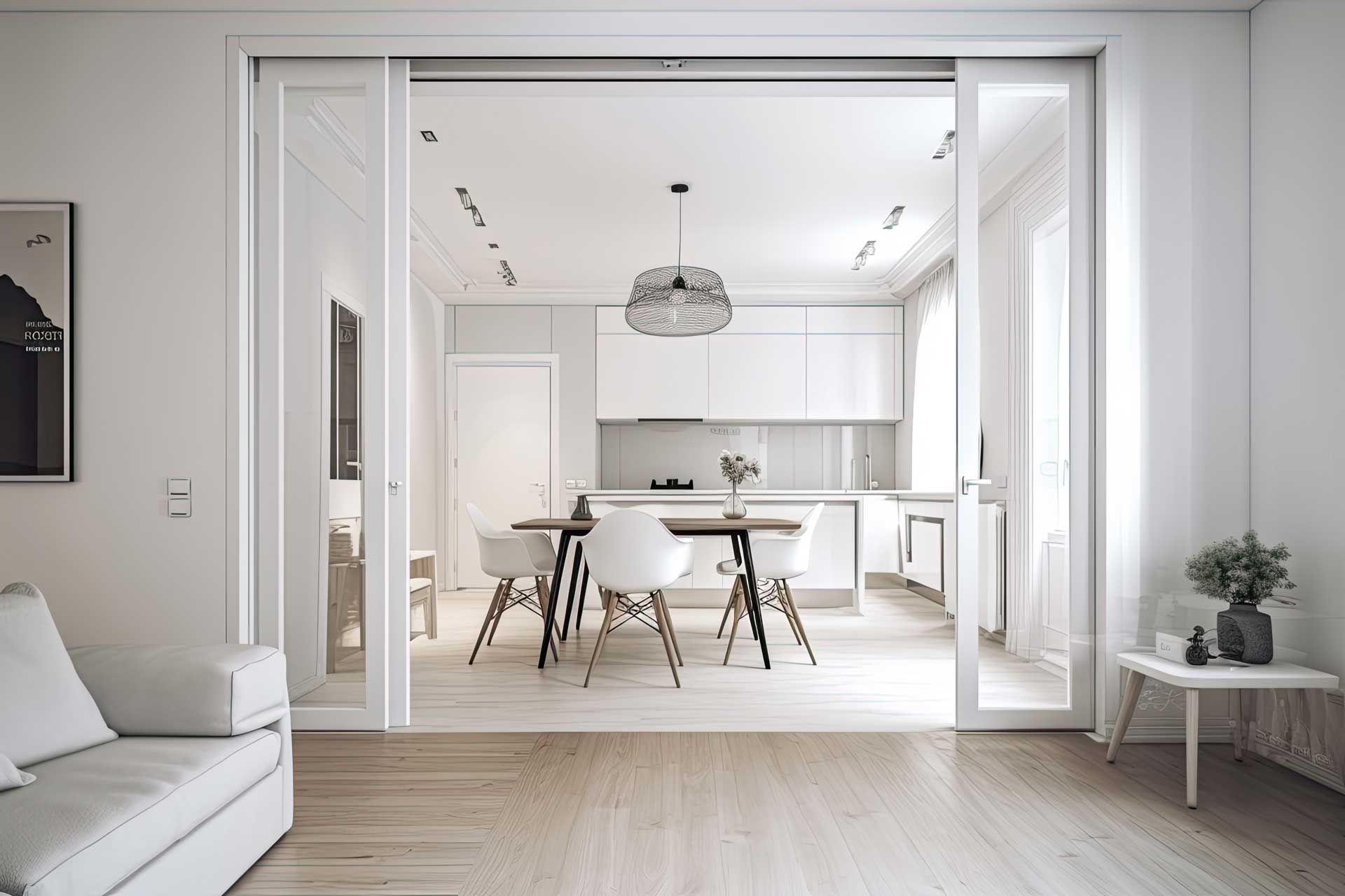 Portes intérieures coulissantes ouvertes et la cuisine en arrière-plan.