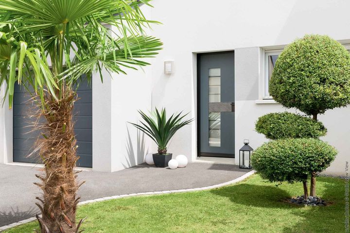 Extérieur de maison moderne avec porte grise, palmier et pelouse soignée.