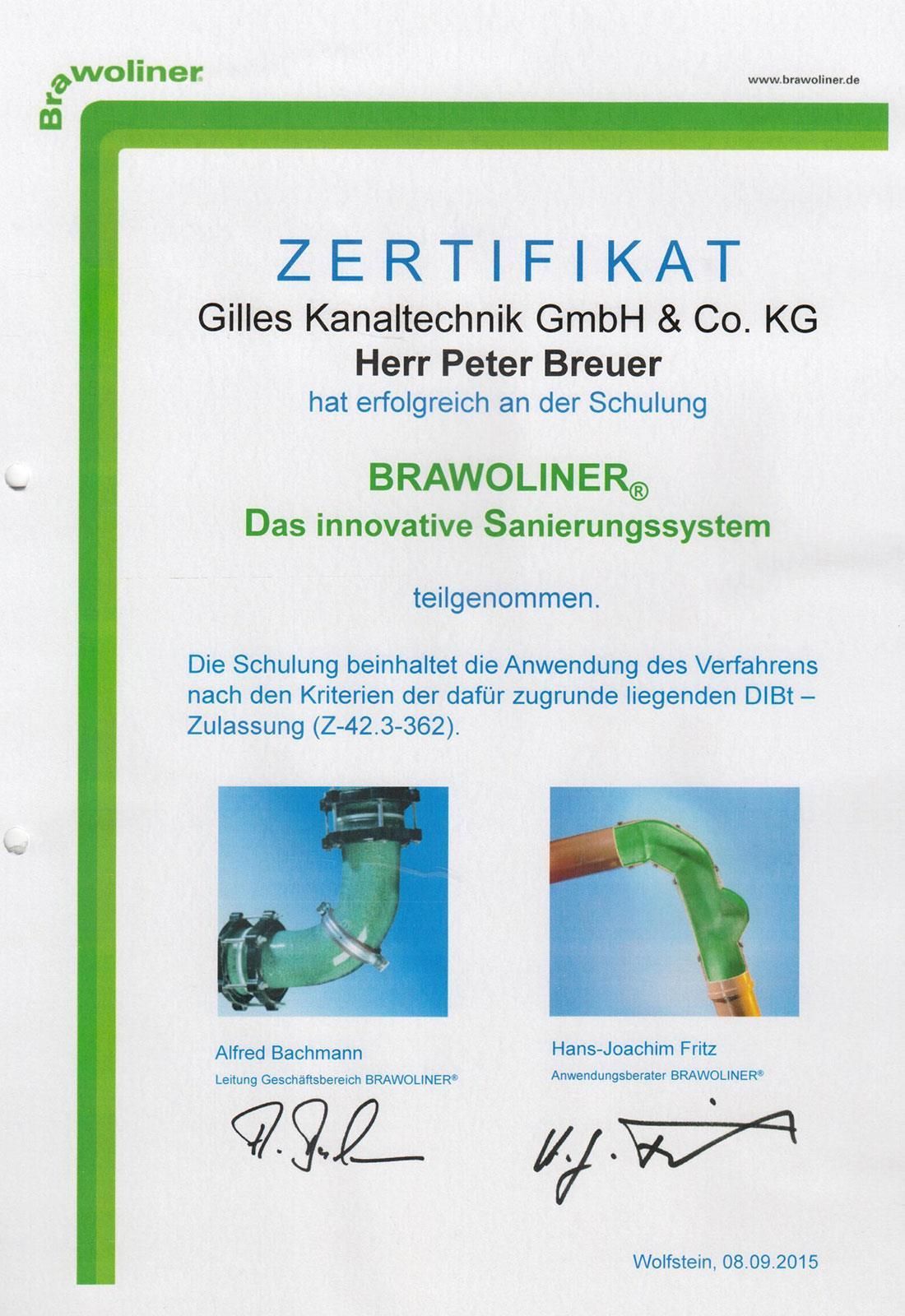 Ein Zertifikat mit der Aufschrift „Brawoliner“
