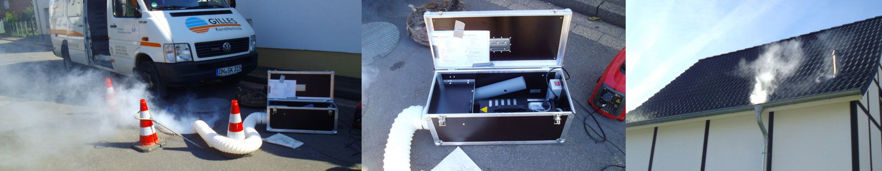 Eine Collage aus drei Bildern zeigt Rauch, der aus einer Kiste kommt