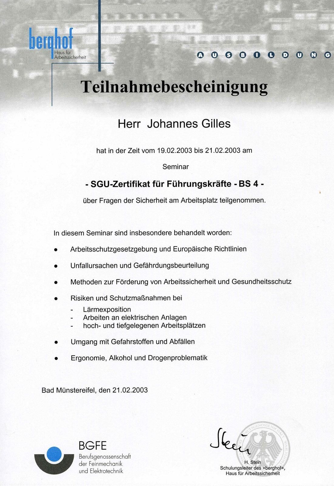 A certificate that says ' teilnahmebescheinigung ' on it