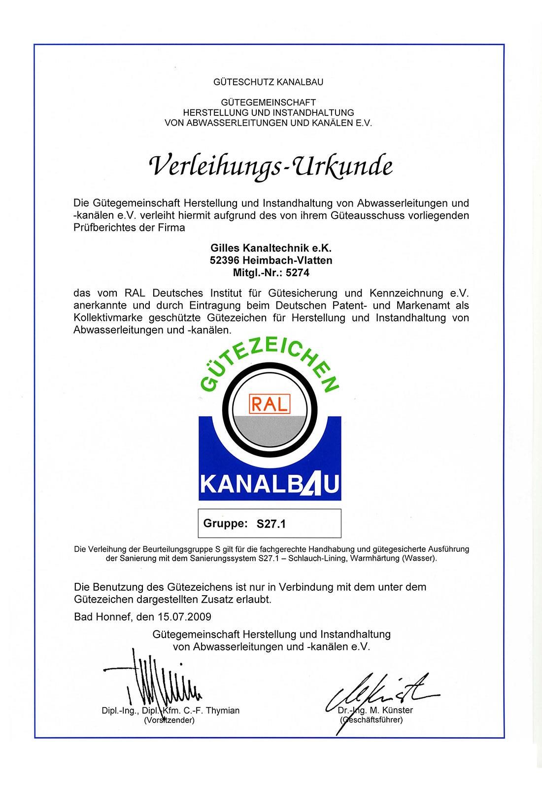 Ein Zertifikat mit der Aufschrift „Gutezeichen Kanalbau“
