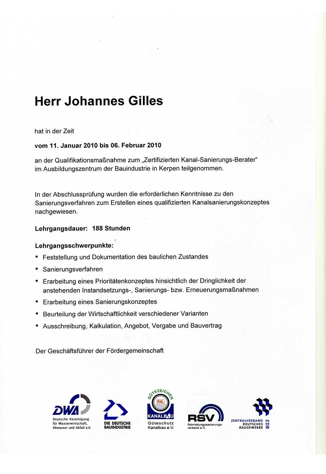 Ein Brief von Herrn Johannes Gilles steht auf weißem Grund.