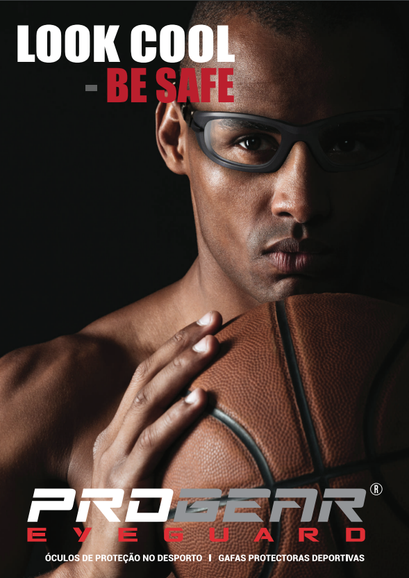 Un cartel de protección ocular ProGear muestra a un hombre sosteniendo una pelota de baloncesto.