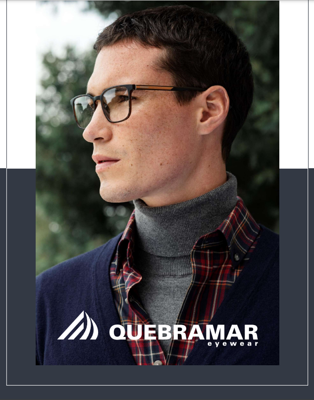 Un hombre con gafas y cuello alto aparece en un cartel de Quebramar Eyewear.