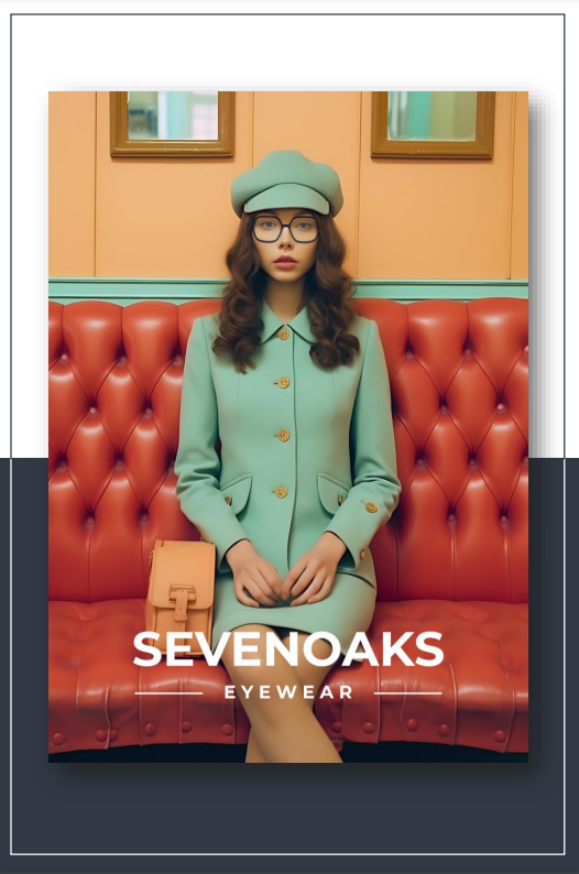 Una mujer que lleva gafas y sombrero está sentada en un sofá rojo.