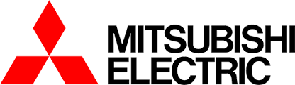 Logotipo da Mitsubishi Electric: diamante vermelho e três diamantes sobrepostos, com texto preto.