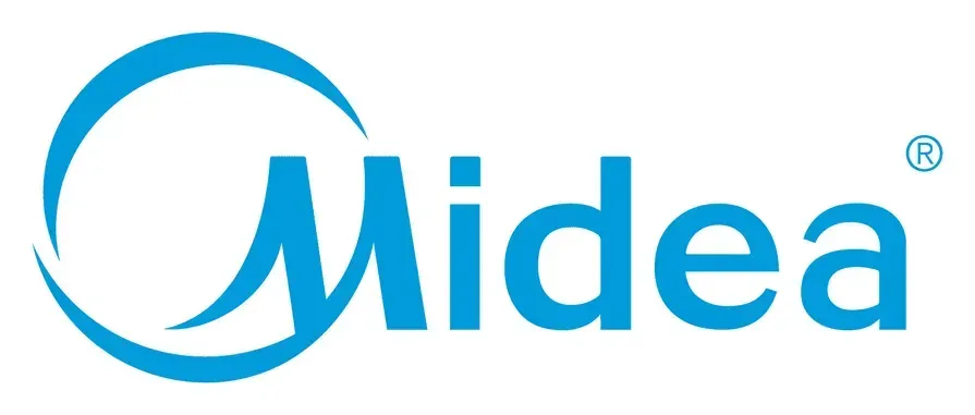 Logotipo da Midea em azul claro. Um