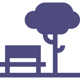 Banc de parc sota un arbre. Siluetes morades sobre fons blanc.