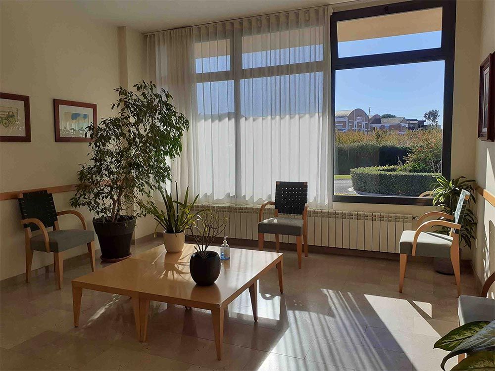 Una sala d'espera amb cadires, plantes i una taula davant d'una finestra amb vistes a una zona exterior.