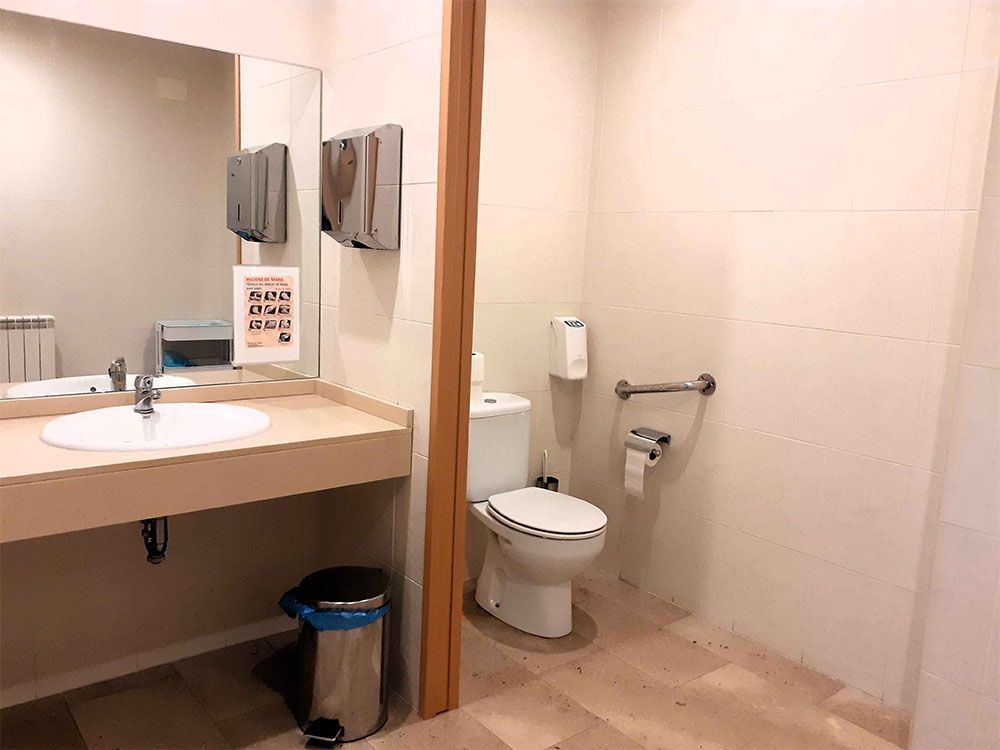 Lavabo públic amb elements accessibles; pica, vàter, barana, dispensador de tovalloles de paper. Tons beix i blanc.