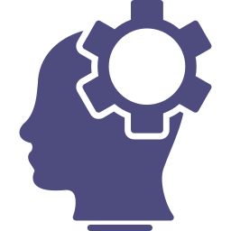 Silueta lila d'un cap amb un símbol d'engranatge blanc a sobre, que representa el pensament o la resolució de problemes.