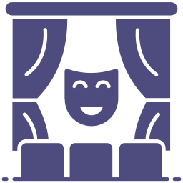 Escenari de teatre amb cortines, una màscara somrient i tres seients, tots de color porpra.