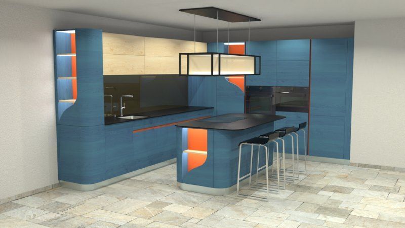 Une cuisine bleue et orange avec un grand îlot au milieu