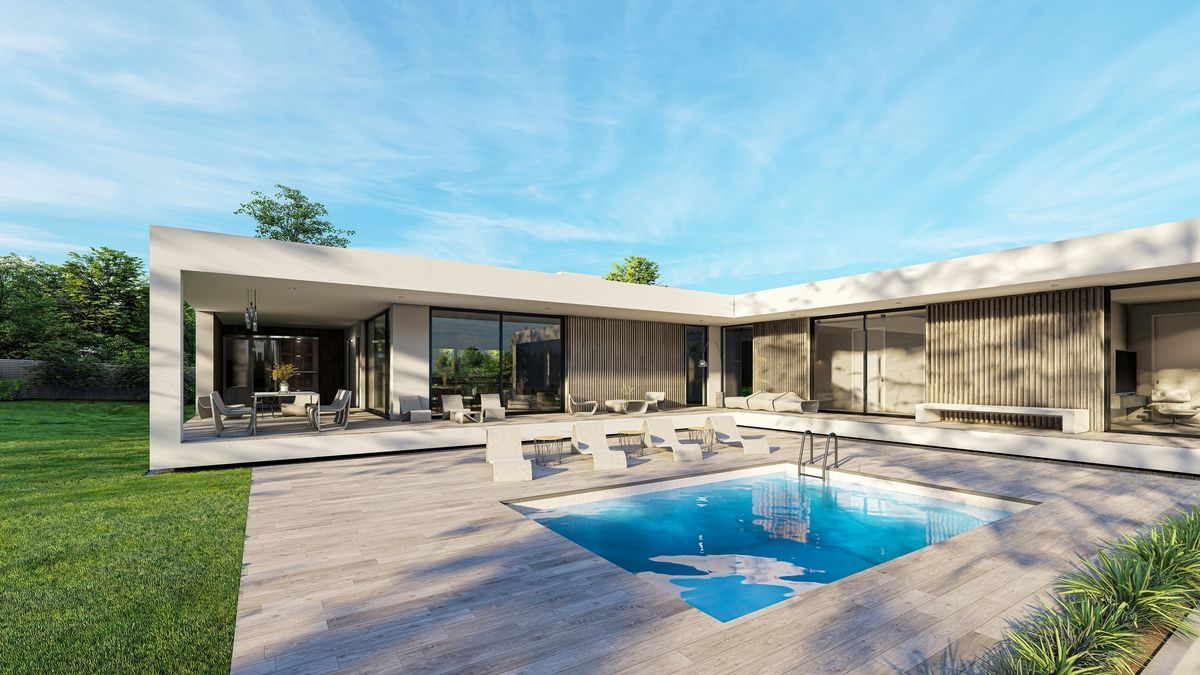 Casa grande blanca con piscina pequeña cuadrada en el medio