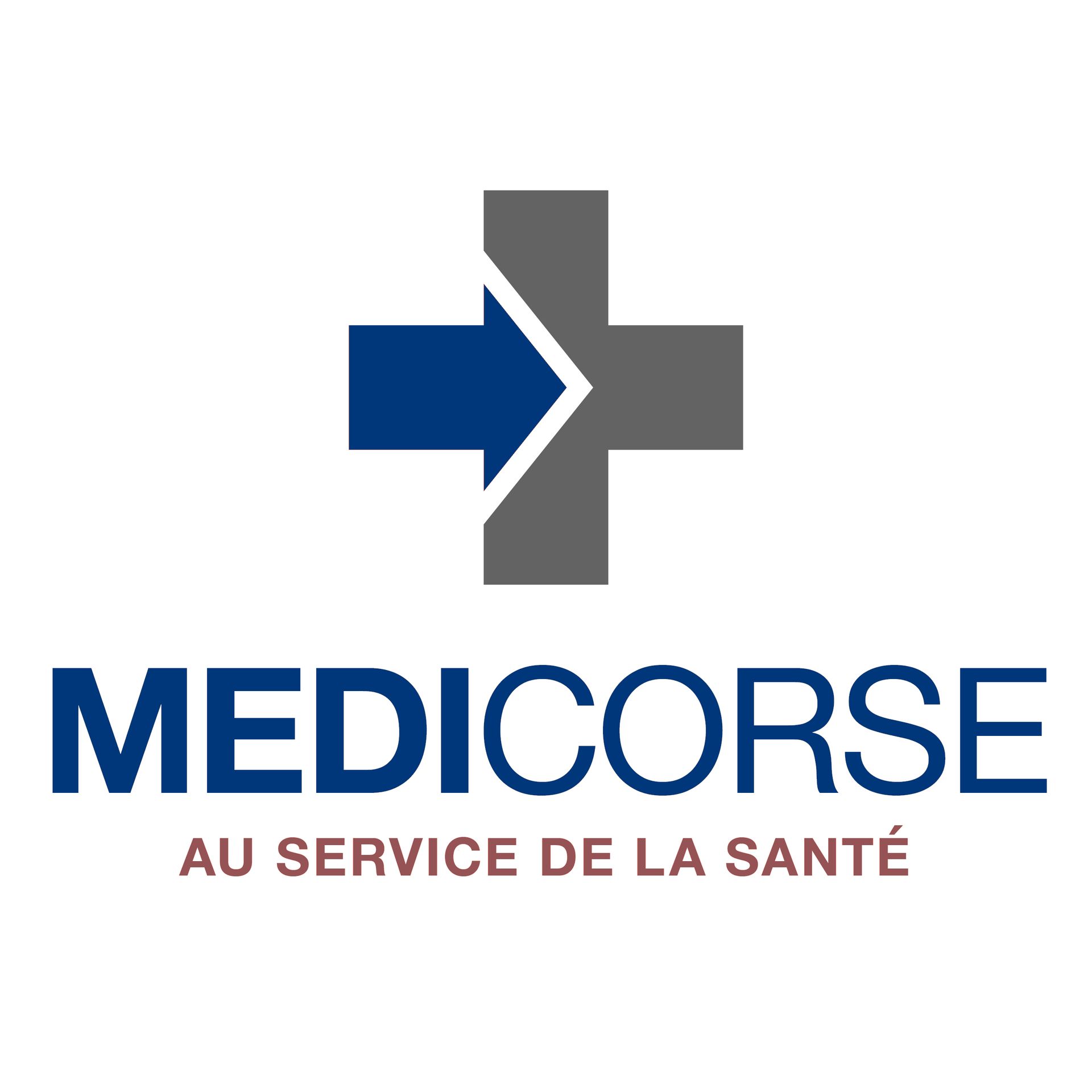 Logo pour Medicorse : une croix grise avec une flèche bordeaux, avec le texte "MEDICORSE" et "AU SERVICE DE LA SANTÉ".