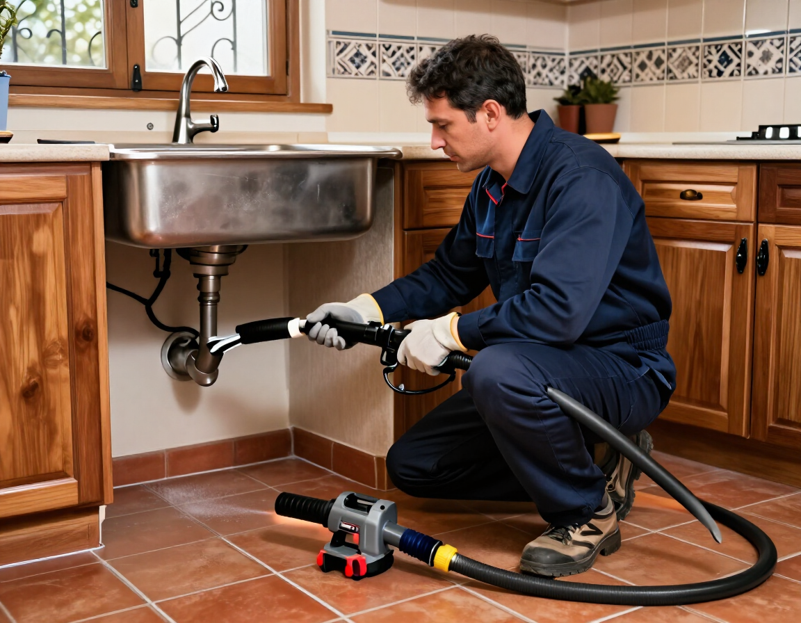 Fontanero profesional limpiando una tubería de desagüe con equipo de hidrojet en una vivienda