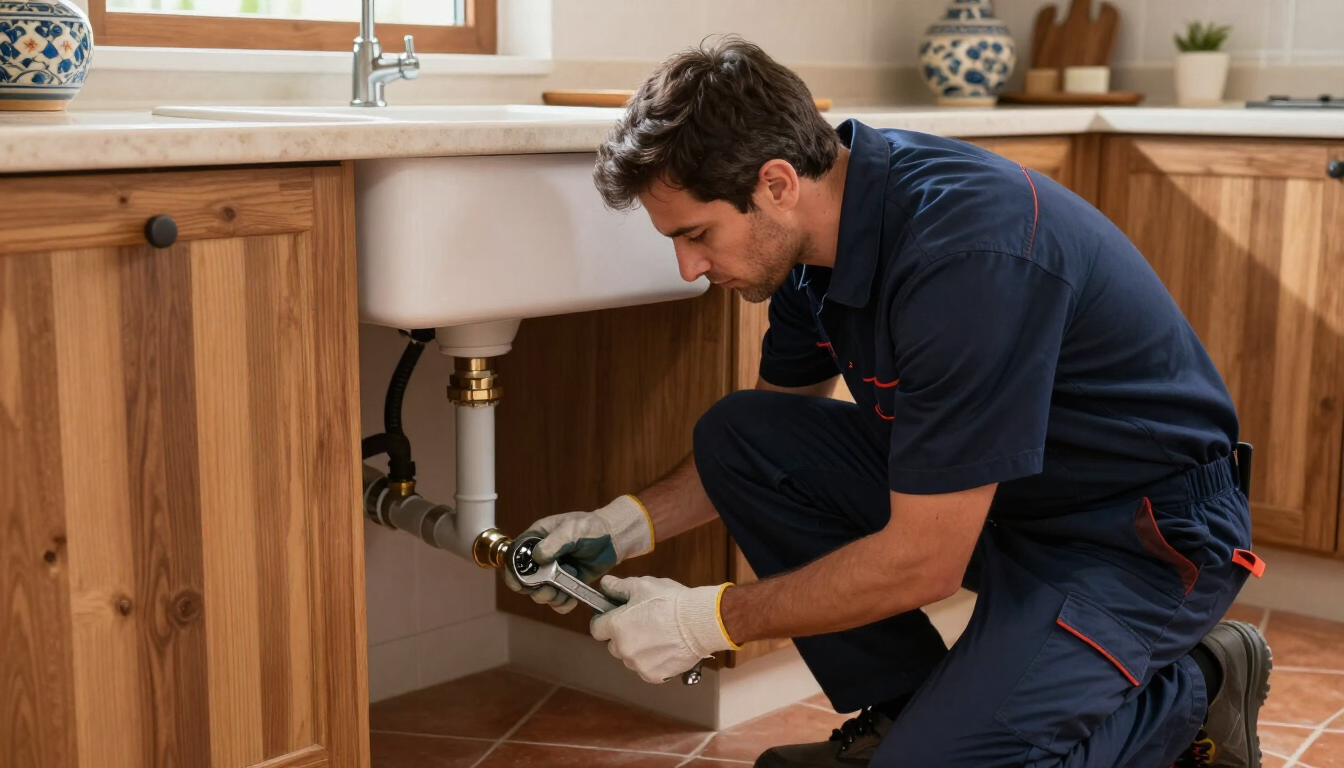Fontanero profesional desatascando un desagüe en un baño de una vivienda en Torrent, Valencia