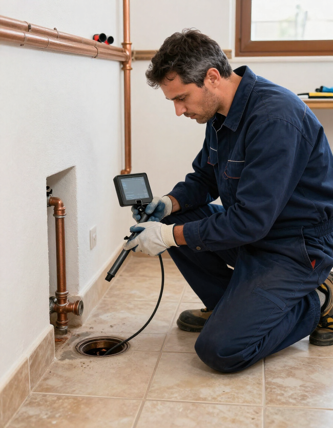 Técnico de fontanería inspeccionando una tubería con cámara en un edificio residencial