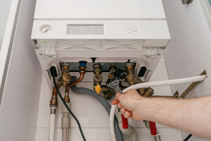 Main tenant une pince près de tuyaux et de vannes de chaudière apparents dans un placard technique.