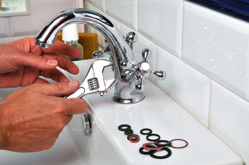 Des mains réparent un robinet de lavabo à l'aide d'outils et de joints en caoutchouc.