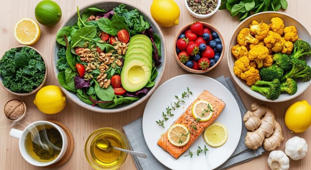 Comida saludable servida sobre una mesa de madera, con ensalada, tostadas de aguacate, brócoli asado, cítricos
