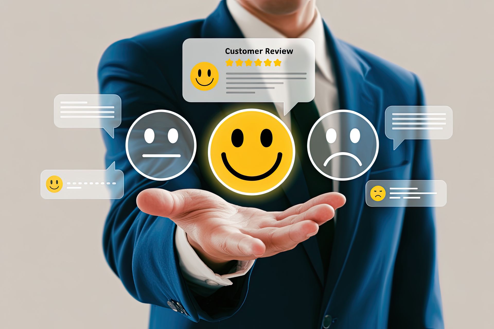 Un homme d'affaires tient des icônes numériques de satisfaction des clients.