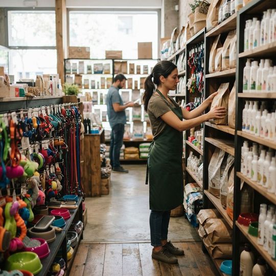 Estantes llenos de productos para mascotas: alimentos, accesorios y artículos de