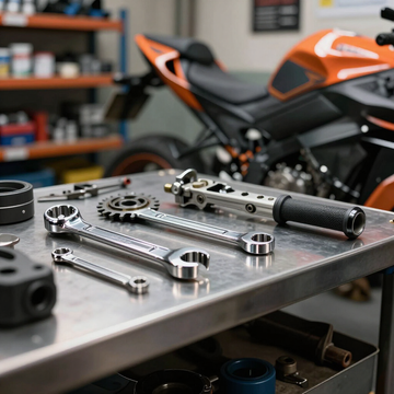 Herramientas para reparar motocicletas sobre un banco de trabajo metálico con una moto deportiva naranja al fondo.