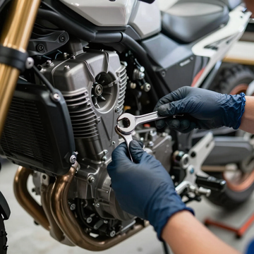 Manos enguantadas de un mecánico apretando un perno de motocicleta con una llave inglesa en un taller.