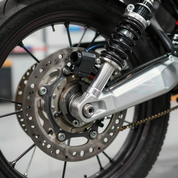 Primer plano de la rueda trasera de la motocicleta, el disco de freno y el amortiguador plateado.
