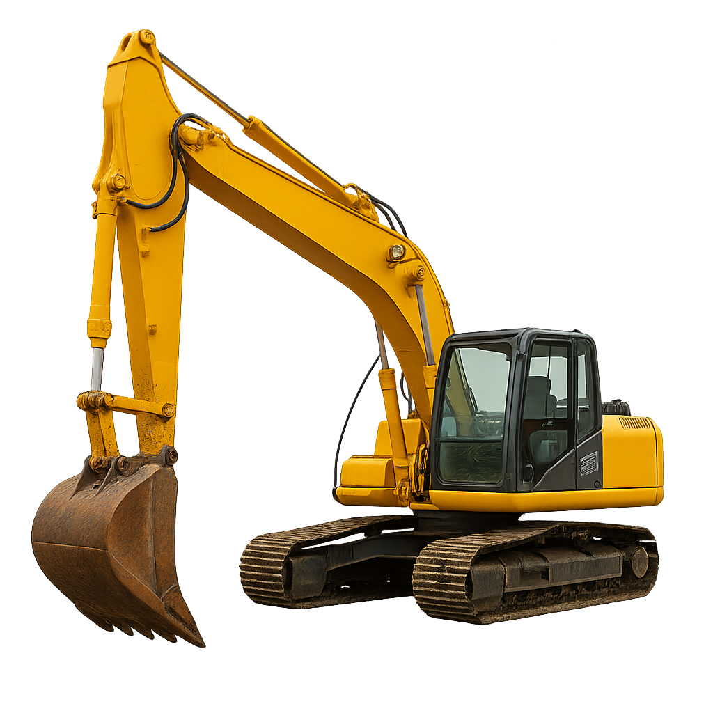 Excavatrice jaune sur chenilles, bras étendu, pelle abaissée.