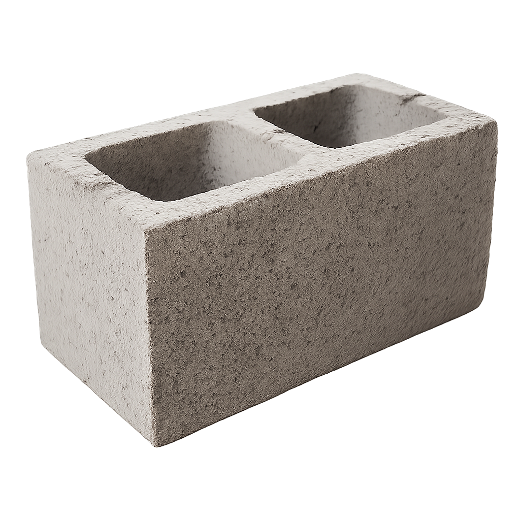 Bloc de béton à deux noyaux creux, gris.