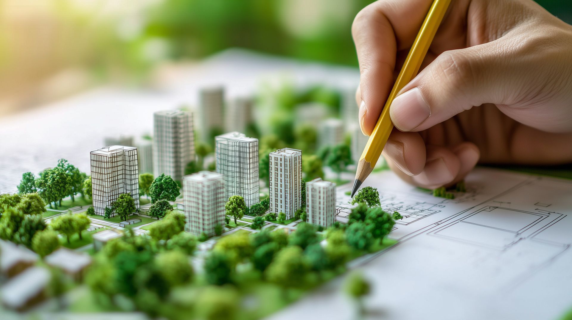 Des immeubles, des arbres et un crayon.