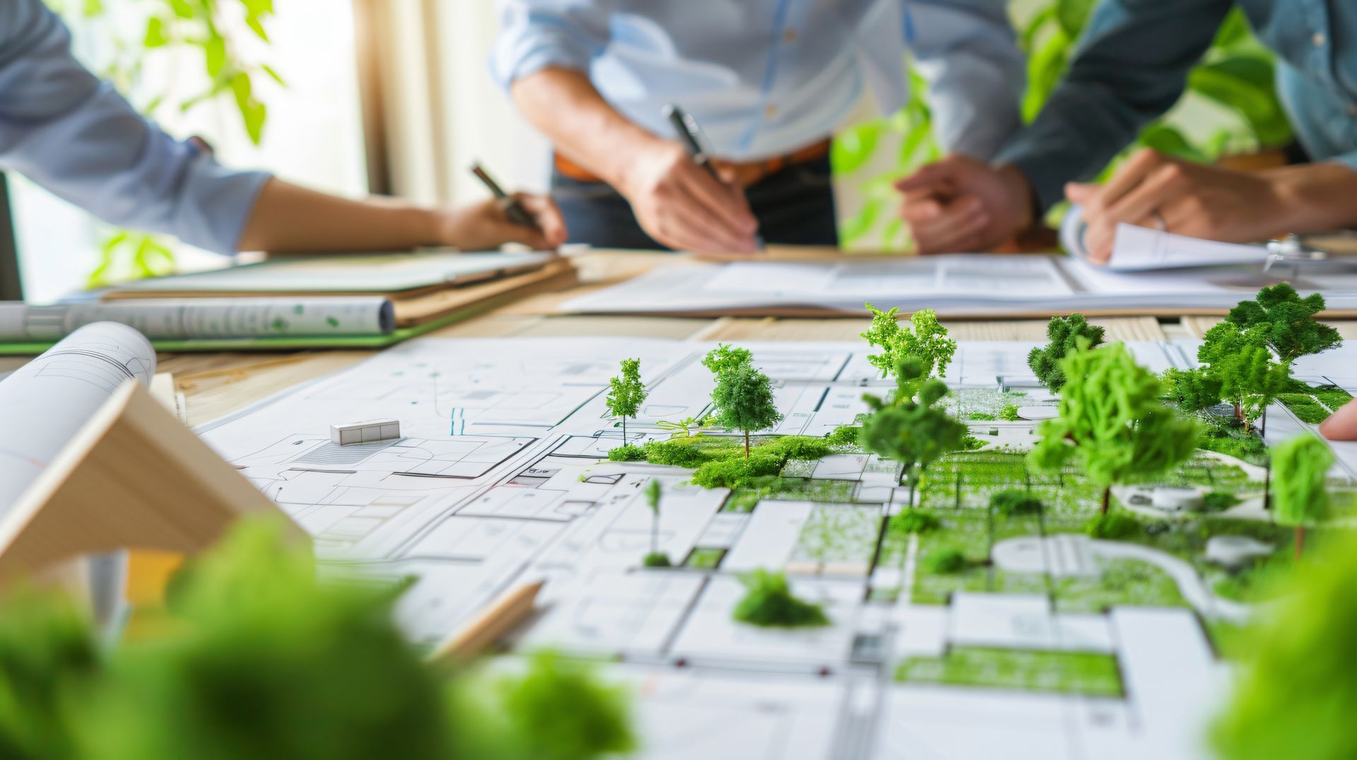 Plusieurs personnes autour d'un plan d'urbanisme.
