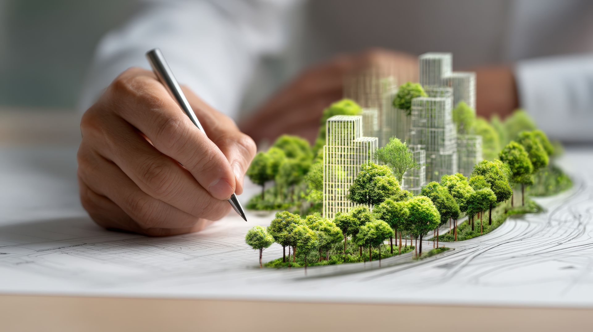 Un stylo, des arbres et des immeubles.