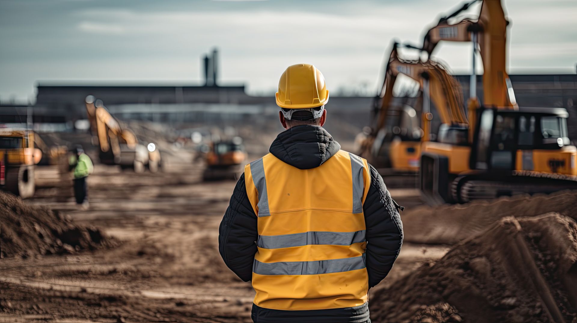 Un homme de dos, devant un chantier.