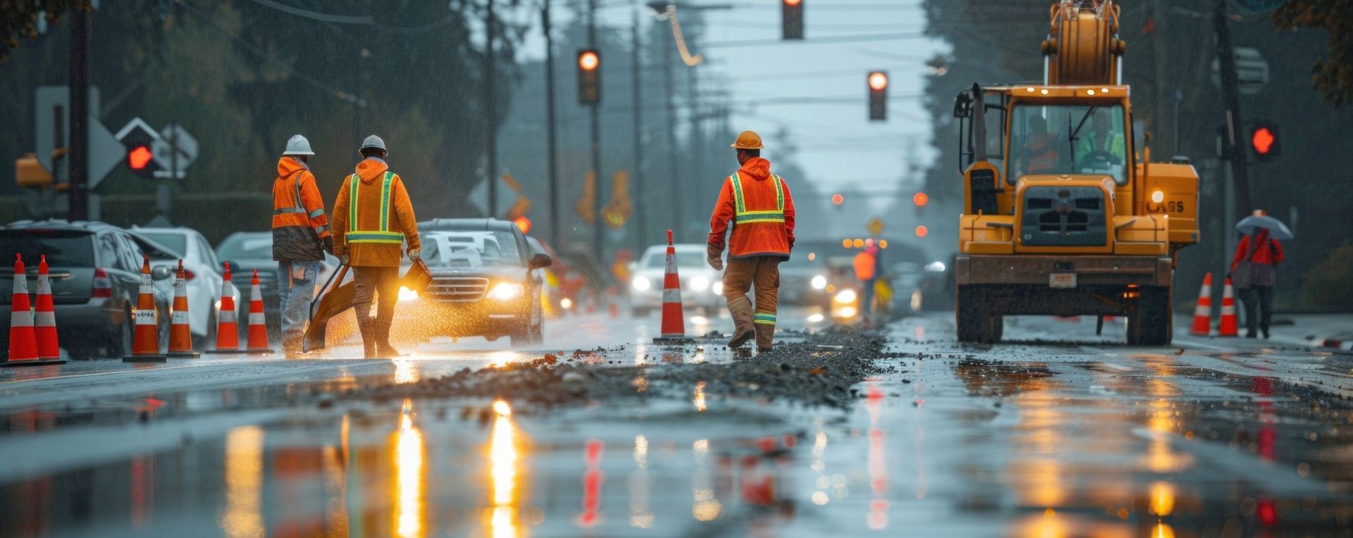 Des travaux sur une route mouillée.