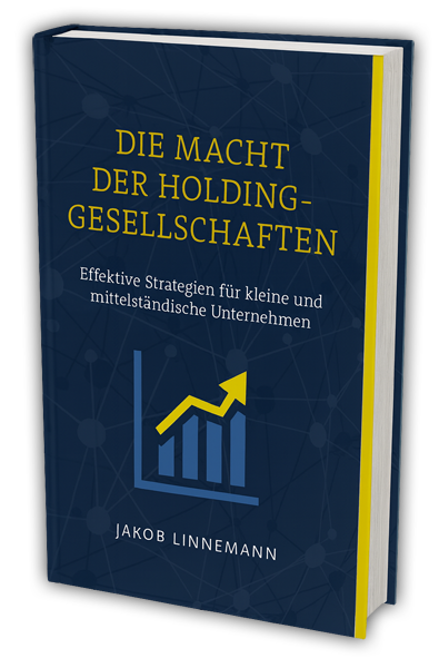 Buchcover: „Die Macht der Holdinggesellschaften“. Titel in Gelb, Symbol für ein Unternehmensdiagramm. Autor: Jakob Linnemann.