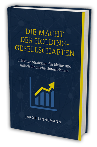 Buchcover: „Die Macht der Holdinggesellschaften“. Blau mit gelben Akzenten, Grafik und Namen des Autors.