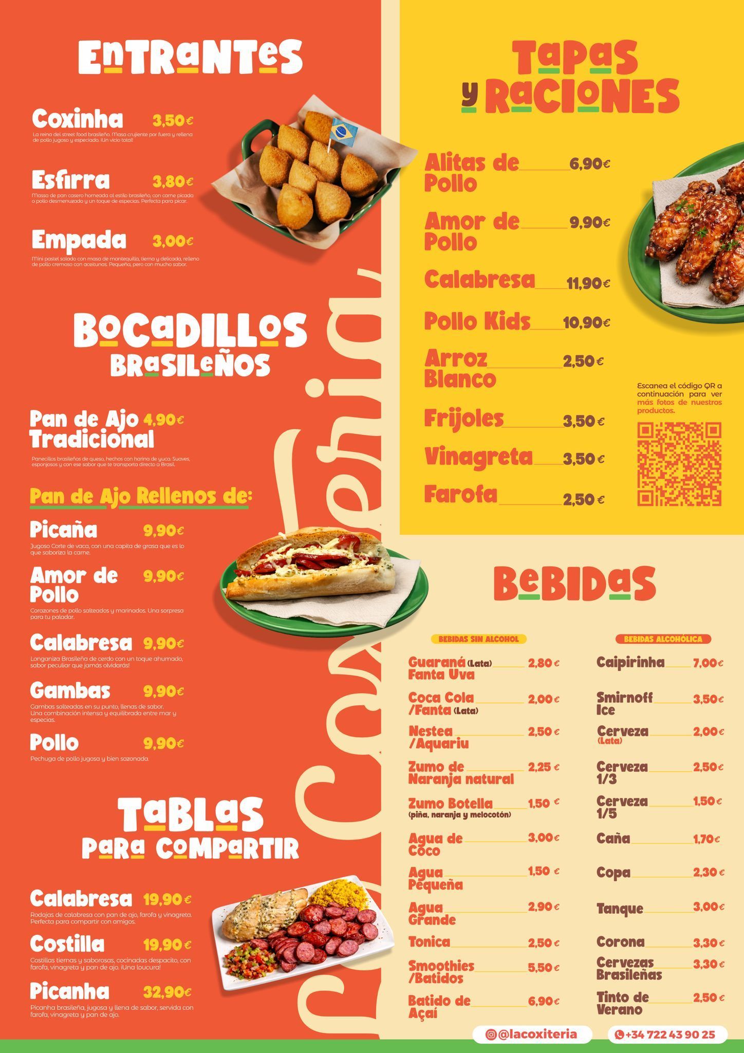 La carta de un restaurante incluye secciones para aperitivos, sándwiches, tapas, tablas de embutidos y quesos, y bebidas, con detalles en naranja y amarillo.