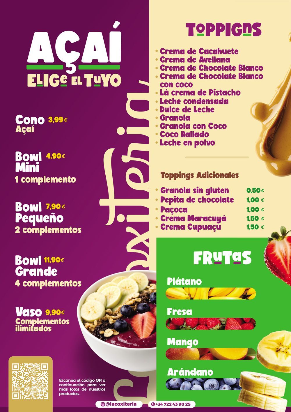 Menú de una tienda de açaí, con precios para tazones, conos y vasos, y listas de cremas, aderezos y frutas disponibles.