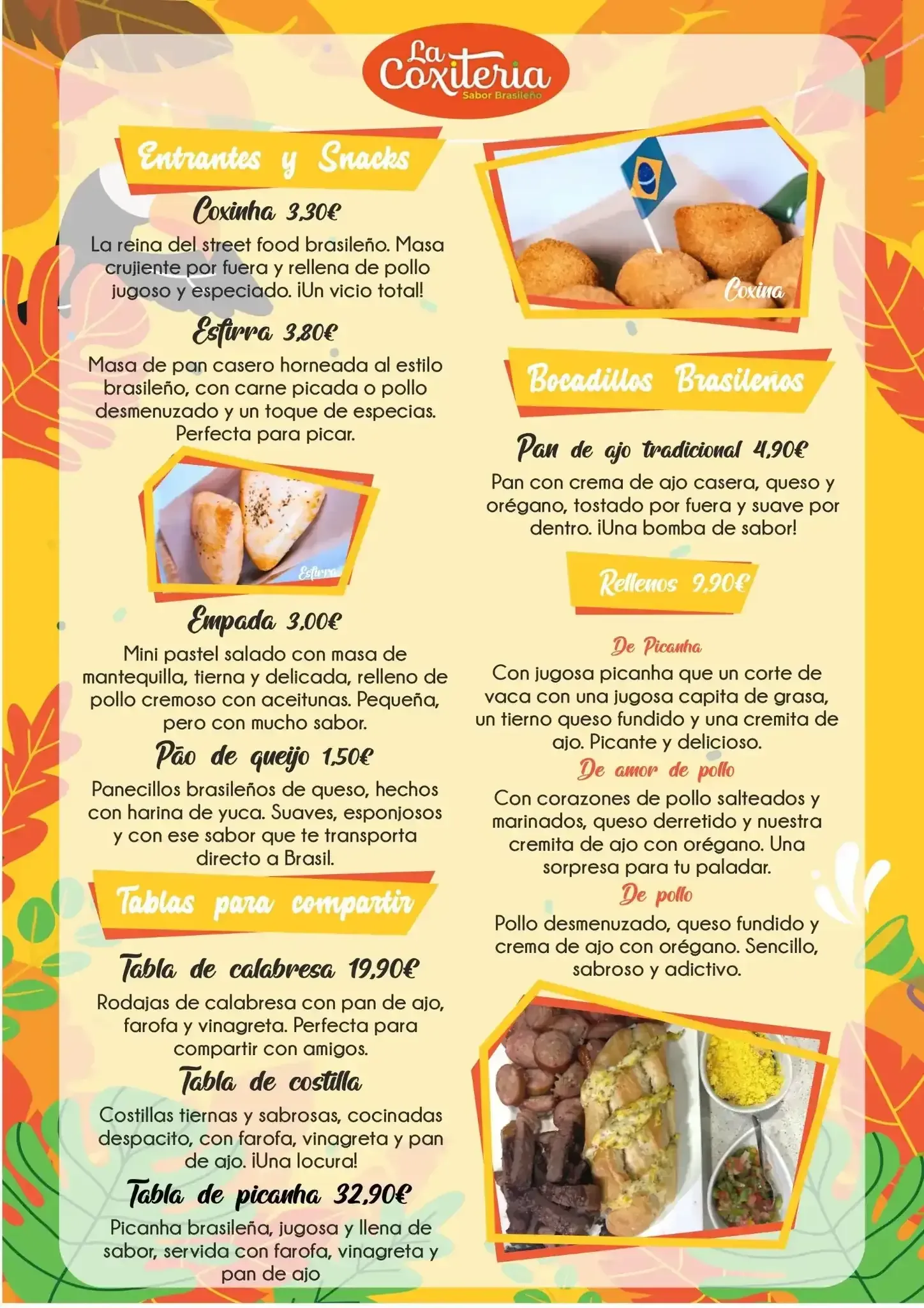 Menú con texto e imágenes de platos. Incluye sándwiches, pasteles y un menú con guarniciones.