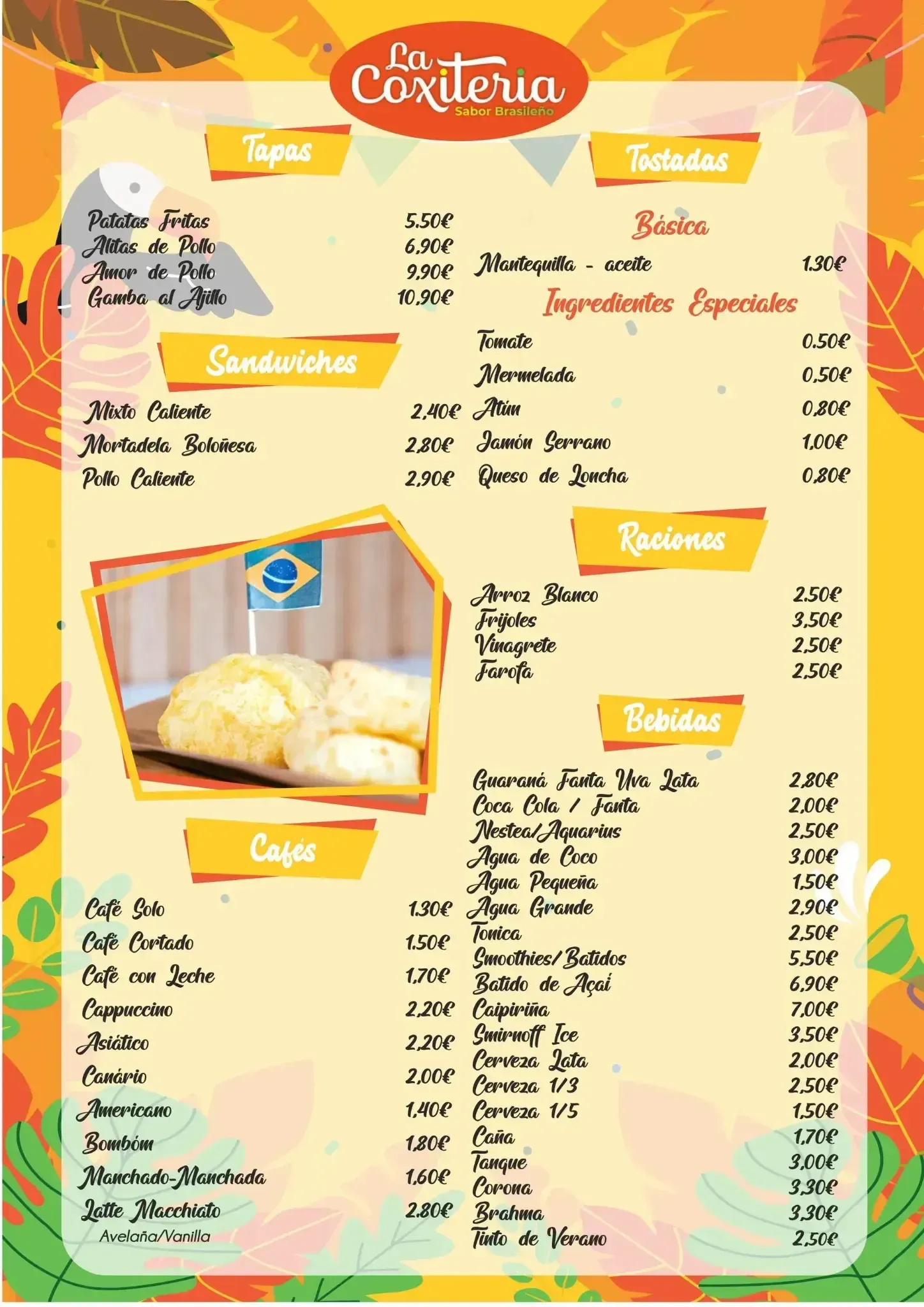 Menú del restaurante “A Coxteria” con opciones de comida y bebida.