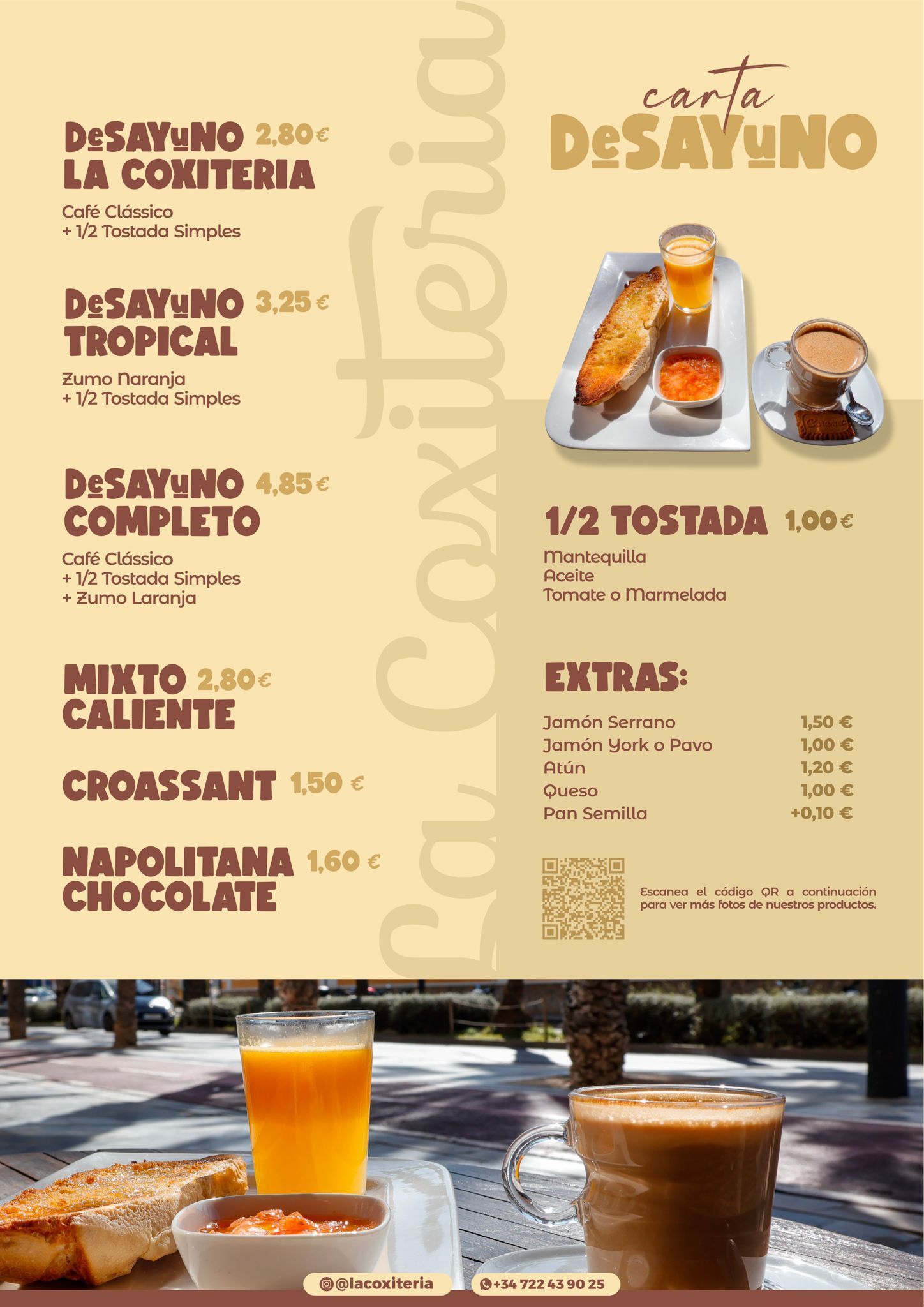 Menú de desayuno de La Coxiteria, con opciones de comida, precios y una fotografía de tostadas, zumo de naranja y café.
