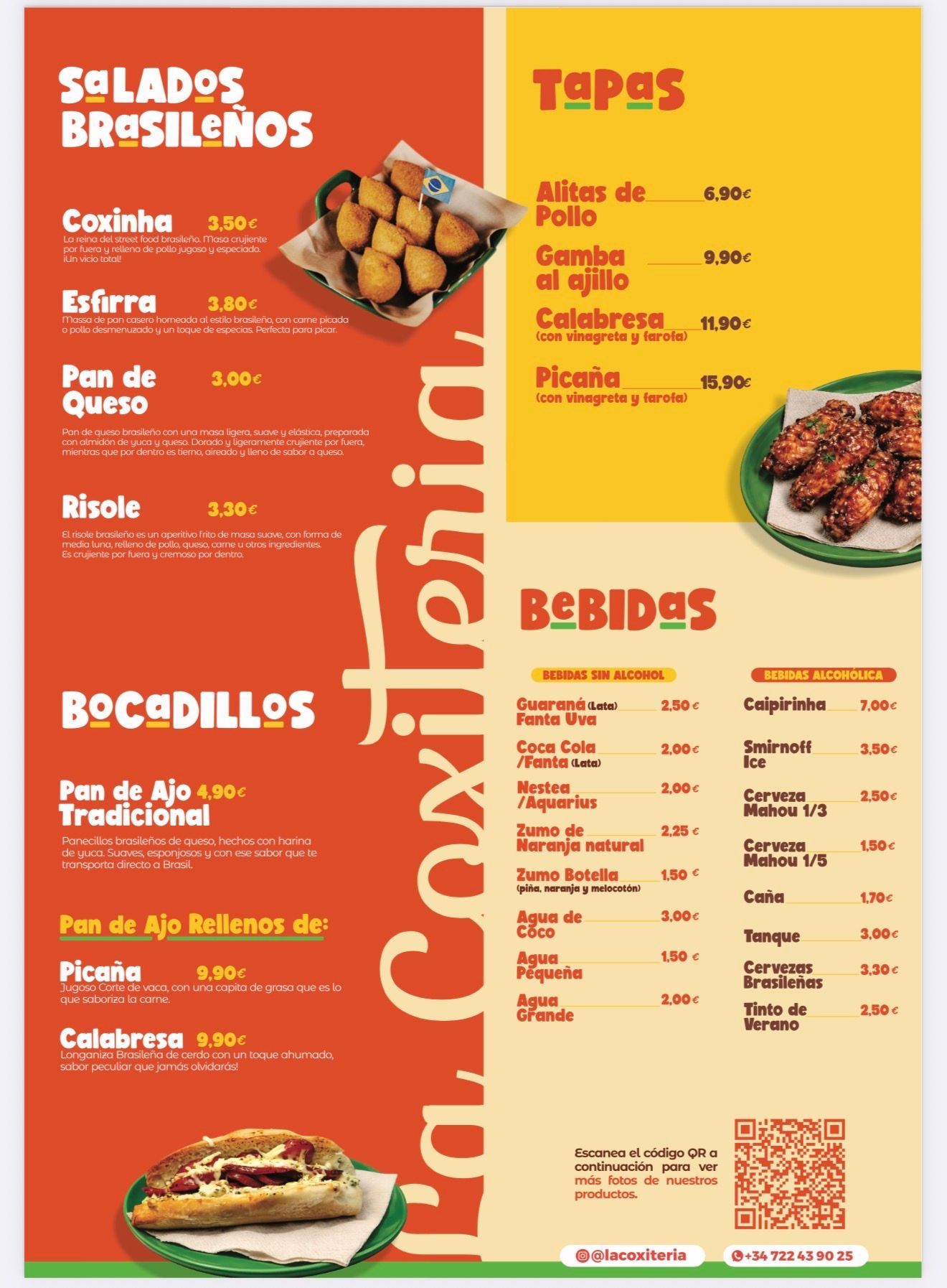 La carta de un restaurante incluye secciones para aperitivos, sándwiches, tapas, tablas de embutidos y quesos, y bebidas, con detalles en naranja y amarillo.