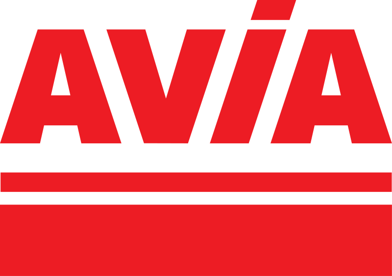 Ein rot-weißes Avia-Logo auf weißem Hintergrund