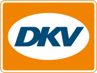 Ein blau-weißes DKV-Logo auf orangefarbenem Hintergrund